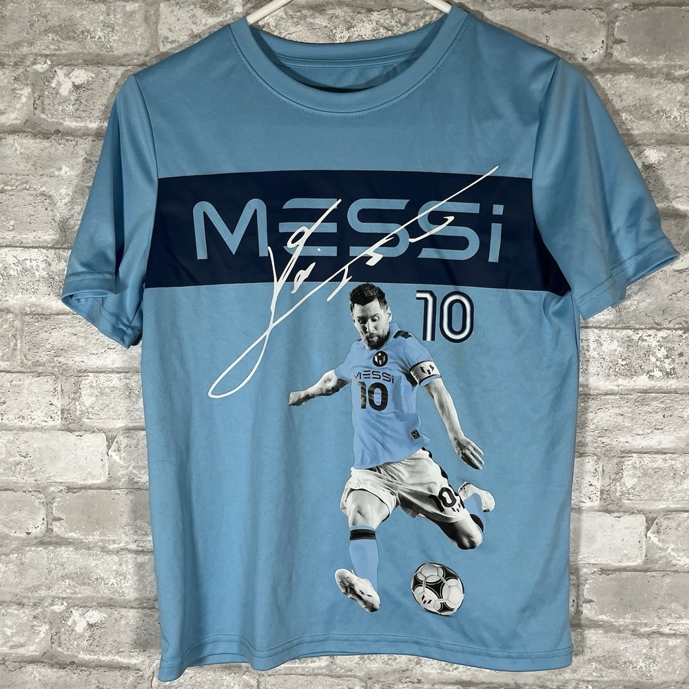 Messi Collection Youth Boys T-Shirt Blue Graphic Crew Neck Size Large 14/16